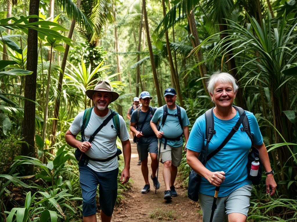 a group of middle aged men and women hiking in the tropical forest trail