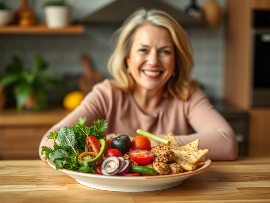 a plate of delicious healthy food on a kitchen table top with a smiling middle aged woman in the background